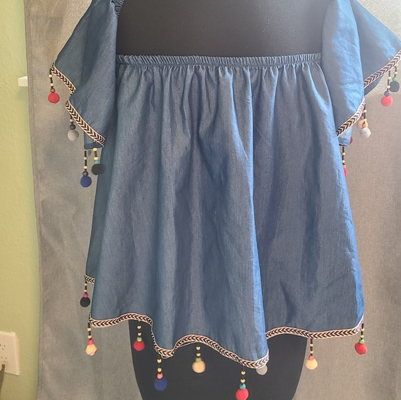 70s denim pom pom shirt - Picture 2 of 3
